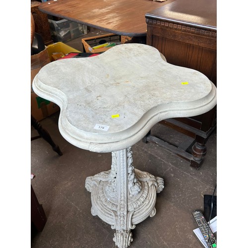 179 - White painted cast metal single column table base fitted wooden top (Measures approx. 79cm tall)