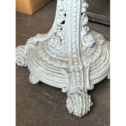 179 - White painted cast metal single column table base fitted wooden top (Measures approx. 79cm tall)