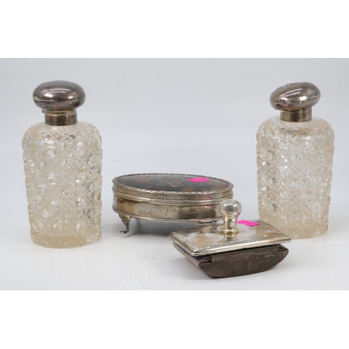 5 - Two silver topped scent bottles, silver hallmarked ink blotter and a silver hallmarked jewellery box... 