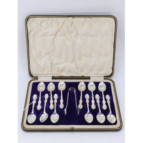 27 - Cased set of 12 silver hallmarked teaspoons with matching tongs