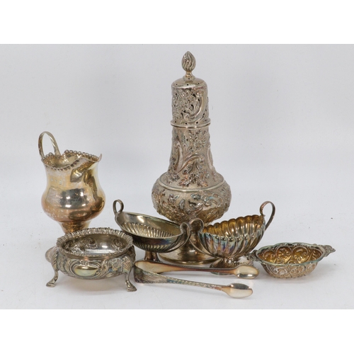 34 - Silver hallmarked repoussé sugar caster,  Antique hallmarked cream jug, salts, small dish and two ha... 