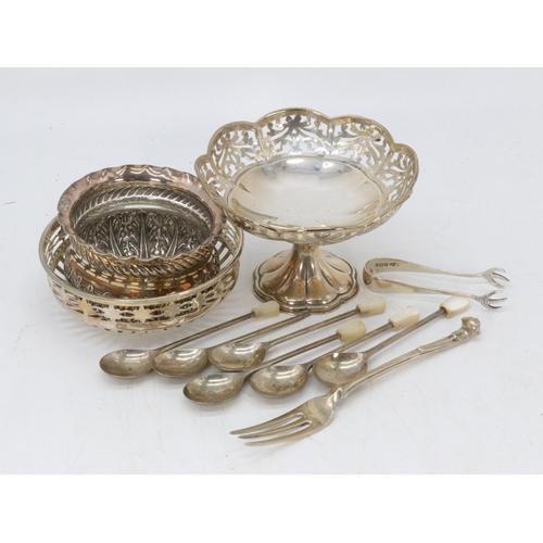 36 - Small silver bon dish, six spoons, small bowl, two further bowls, fork etc (13) (weight approx. 310g... 