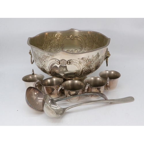 46 - Two large, silver-plated punch bowls, together with two ladles and an assortment of cups.