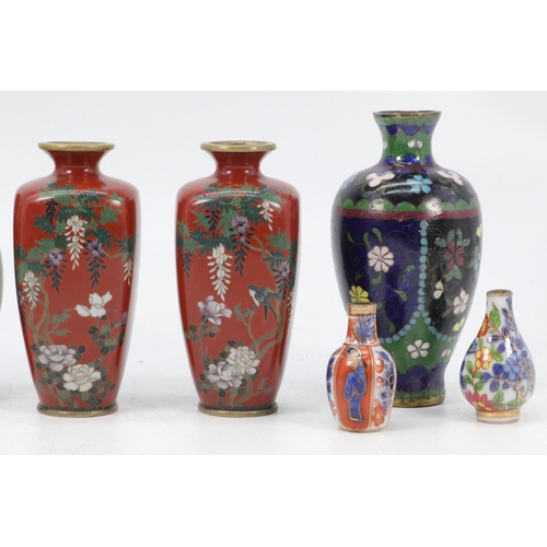 58 - Selection of miniature Cloisonne to include a pair of vases, 3 others and two miniature porcelain bo... 