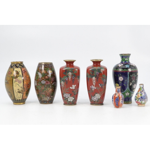 58 - Selection of miniature Cloisonne to include a pair of vases, 3 others and two miniature porcelain bo... 