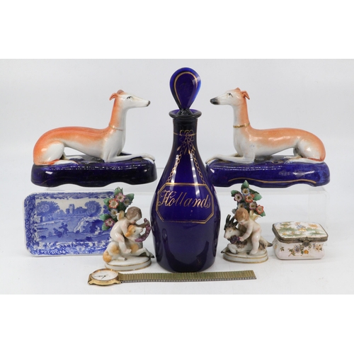 78 - Hollands blue decanter with stopper, Staffordshire Whippet inkwells, Sevres style figures etc