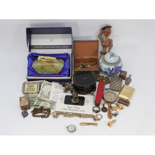 81 - Carton of assorted curios to include Cloisonné small ginger jar, Ronson Onyx table lighter, whistle,... 