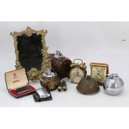 84 - Reproduction brass small mirror, cased Ronson lighter, Metropolitan and ACME whistles, bell porter, ... 