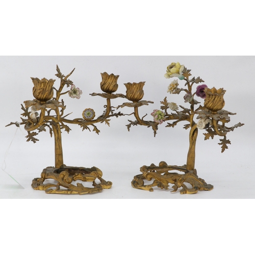 97 - Pair of gilt candlesticks with porcelain floral detail with spaces for a dish/ornament