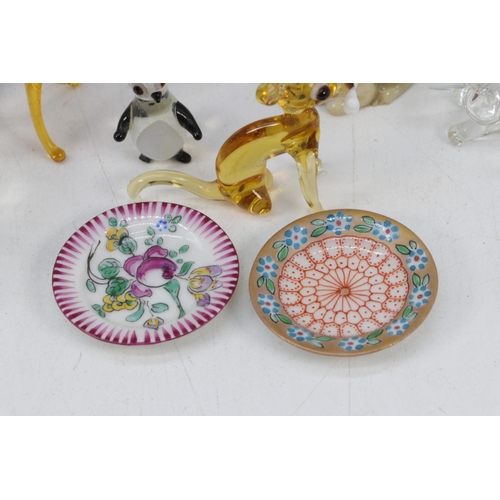 107 - Selection of curios to include miniature Murano? animals, two miniature dolls house porcelain plates... 