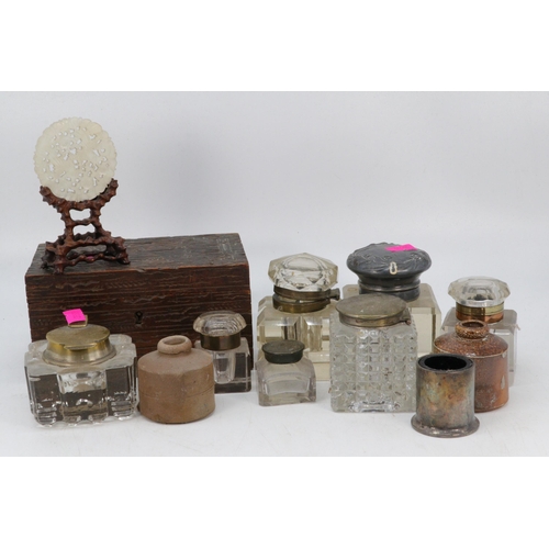 111 - selection of inkwells and a wooden carved box