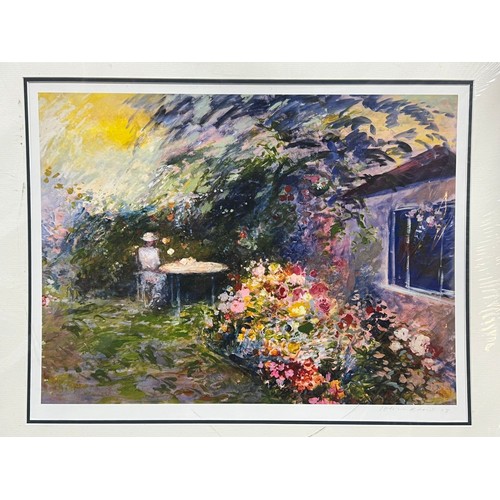 150 - John Rosser pencil signed print of a lady sat in a blossoming garden (measures approx. 51 x 38cm)