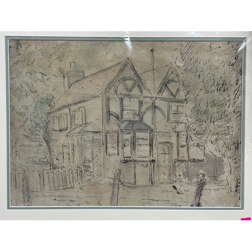 153 - Unsigned John Rosser 1949 abstract picture together with two other similar and a study of a house