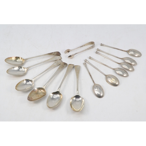 16 - Set of six silver spoons, silver tongs, further six antique silver hallmarked spoons (approx. weight... 