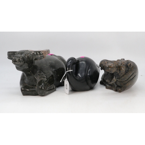 512 - A Soapstone carved hippo, together with a swan and a large oxen/buffalo (noted clean broken horn)