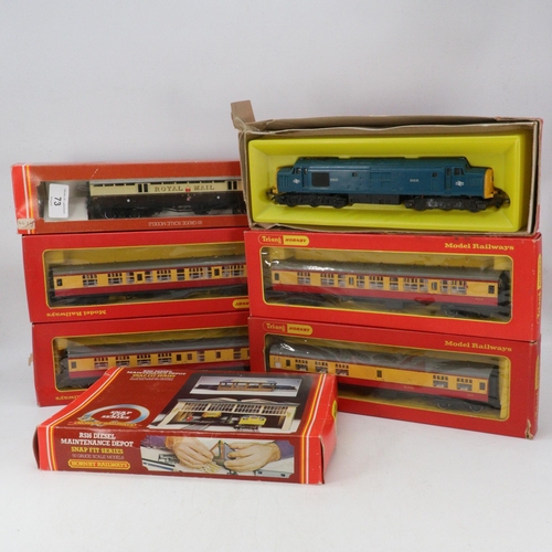 73 - Hornby R751 diesel together with R440 mail coach set and R516 maintenance depot, r626 x 2, r628 buff... 