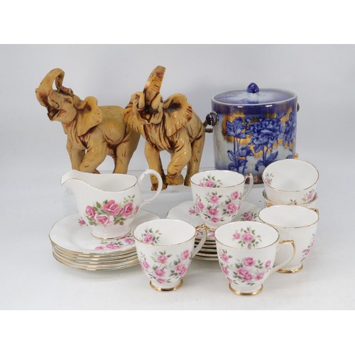 145H - Large selection of assorted ceramics, three glass decanters, 2x resin elephants, Royal Vale tea ware... 