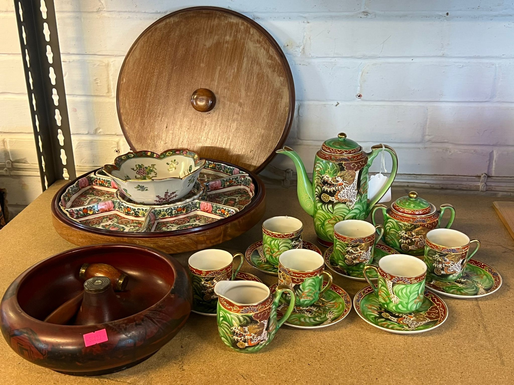 Oriental lazy susan set with lid, Japanese bowl, New Zealand pipe stand