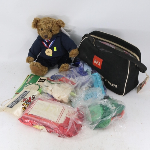 4 - BEA vintage flight bag, quantity of Rosettes and a Russ Team GB 2004 bear