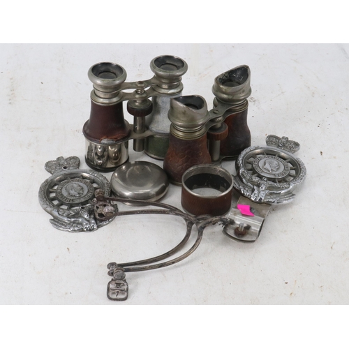 21 - Pair of Spurs, two binoculars (af) a telescopioc cup with cover and two King Edward VII RAC car badg... 