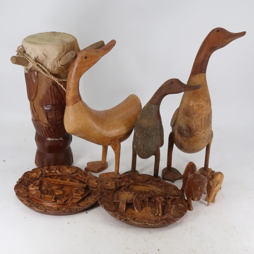 62 - Small tribal tourist drum together with a selection of Dcuk wooden ducks