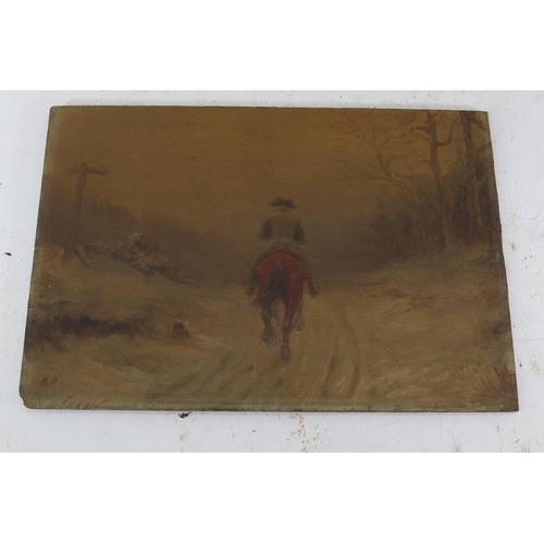 65 - Oil on board signed H.H of a gentleman wearing a tricorn hat riding a horse together with an artists... 