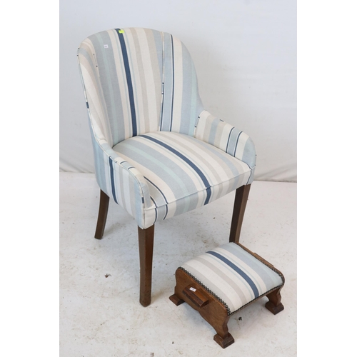 73 - Striped upholstered vintage chair and footstool