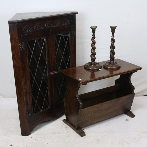 74 - Small wall corner glass fronted cabinet by Jaycee together with an oak magazine rack and pair of bar... 