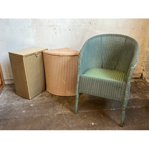 79 - Lloyd Loom chair together with two linen baskets