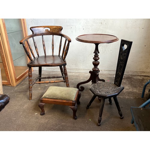 80 - Vintage Welsh stool, circular mahogany table, Captains style chair and a footstool