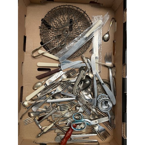 108 - Five trays of assorted household sundries, Le Cresuet pans (well used) cutlery, hand tools, Magazine... 