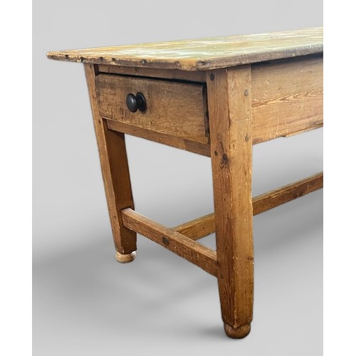 124 - Large plank topped farmhouse table, fitted one long drawer. Size approx: 180cm x 81cm x 80cm. Noted ... 