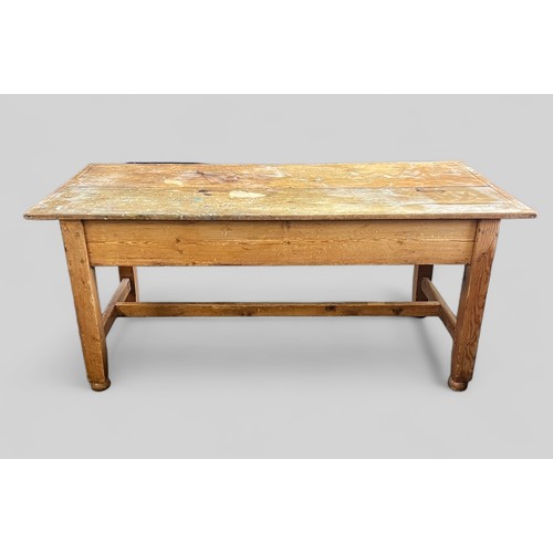 124 - Large plank topped farmhouse table, fitted one long drawer. Size approx: 180cm x 81cm x 80cm. Noted ... 