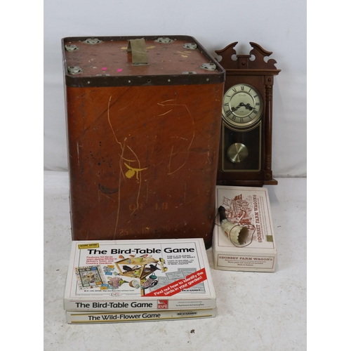 128 - Vintage storage packing box with screw down removeable lid together with a model kit and wall clock ... 