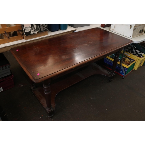 151 - Antique mahogany two drawer library table, size approx. 141cm x 68cm x 74cm