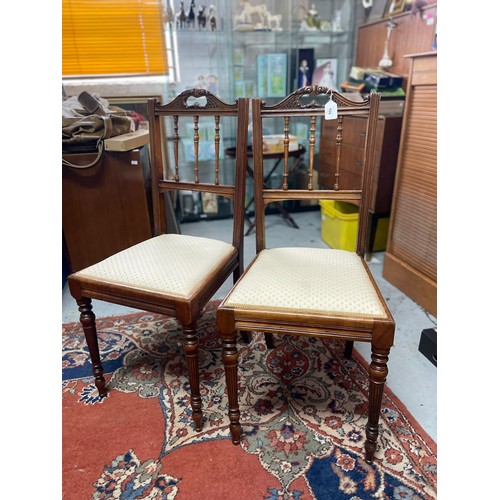 160 - Pair of antique petite bedroom chairs reupholstered seat pads on reeded tapered legs