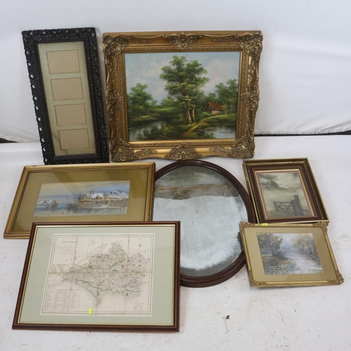 186 - Framed Watercolour together with a mirror, Oil painting, map of Dorsetshire etc