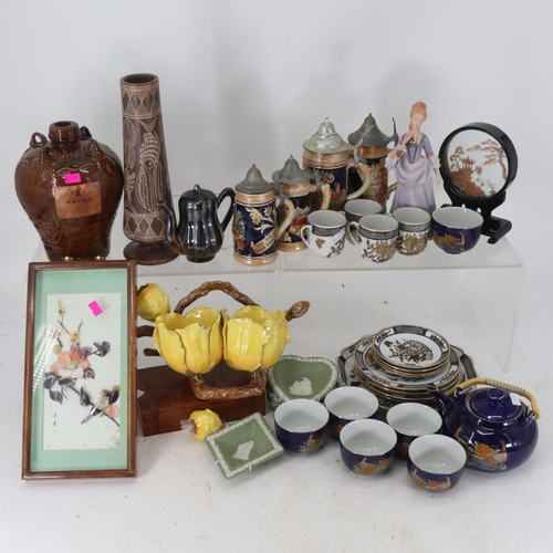 193 - Oriental decorated tea set together with an similar coffee set, framed mother of pearl picture, vint... 