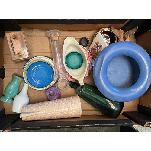 194 - Four trays of assorted ceramics and sundries including Poole, glass items and more