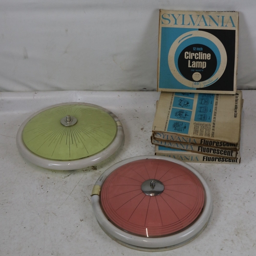 198 - Two vintage ceiling lamps and four boxed Sylvania circular bulbs.