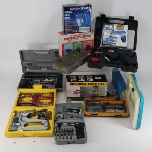 221 - A collection of assorted tools, some modelling, including Wold screwdriver, table vice etc..  Untest... 