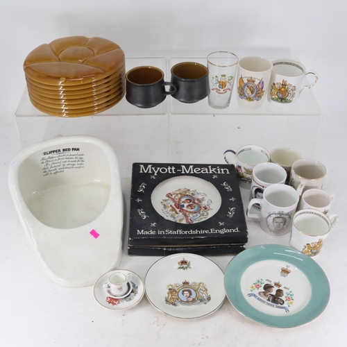 233 - Selection of commemorative items, bed slipper and a quantity of ceramic party dishes