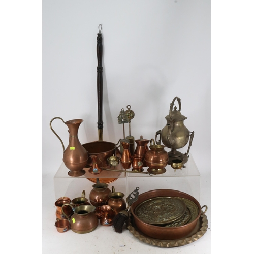 253 - Selection of Copper and metal wares, Pans, kettle on stand, ewers etc