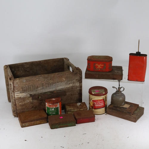 287 - Vintage old wooden crate with a selection of tins, Castrol grease and more