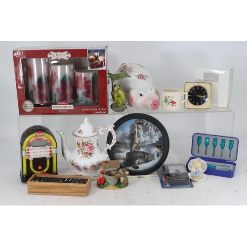 76A - Hammersley decorative teapot together with a bedside alarm clock, and other sundries