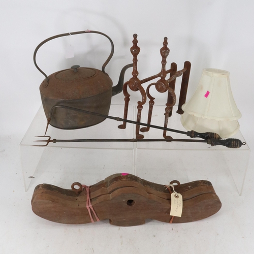 111 - Old tin kettle, pair of fire dogs, and airer slats