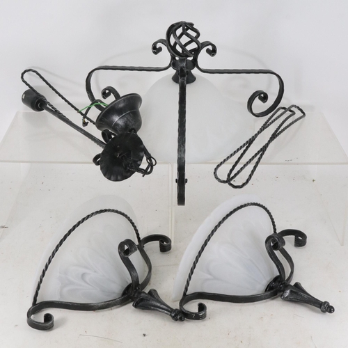 185 - Wrought iron chandalier with two matching wall lights and fixings