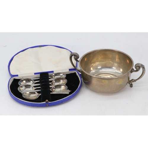 27 - Silver hallmarked two handled cup together with six silver tea spoons