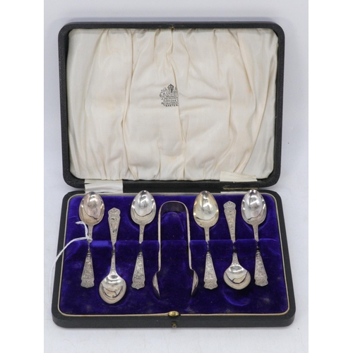 41 - Cased set of six silver spoons and a pair of tongs.