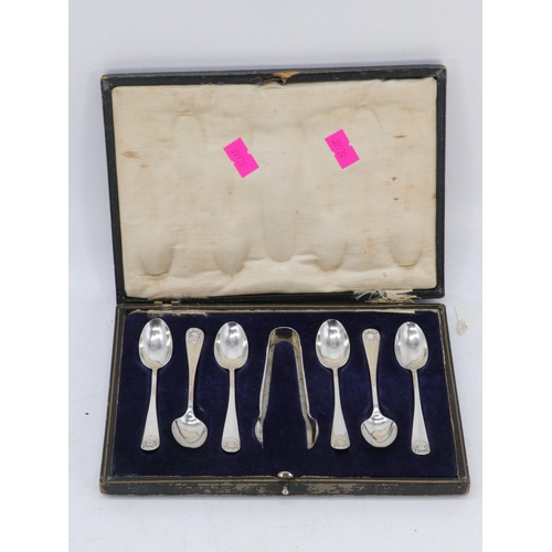 43 - Cased set of silver spoons, with tongs